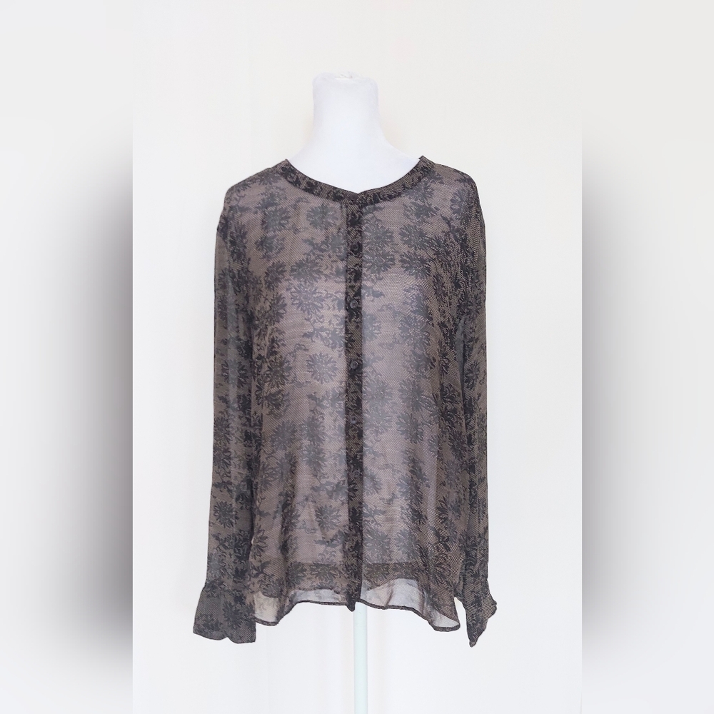 WGB Walter Baker Sheer Floral Button Up Blouse Black Beige Size Medium